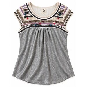 One September Metallic Gray Embroidered Boho Cap Sleeve Top Tagged P
